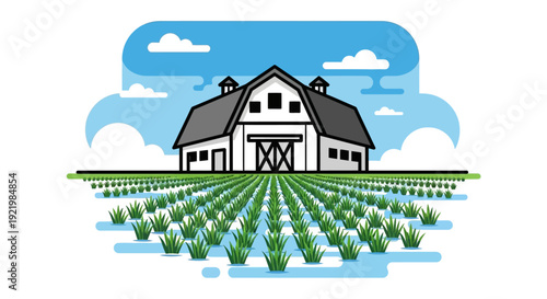 Flat vector illustration of a modern barn house behind a flooded rice field farm landscape.