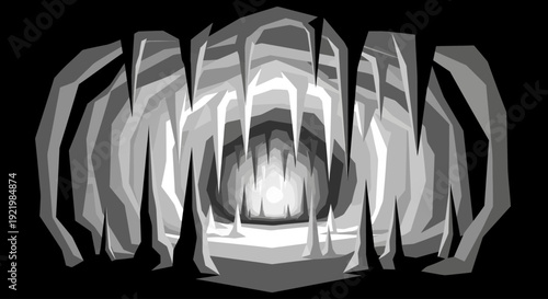 Stylized geometric illustration of a dark cave interior with stalactites.