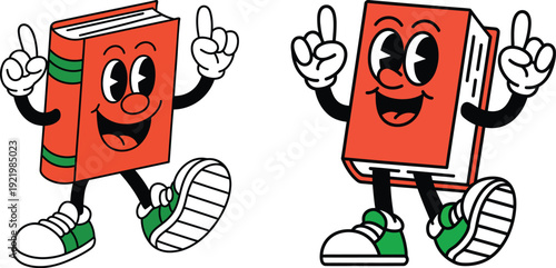 Retro Cartoon Book Mascot Characters with Smiling Faces and Gloved Hands in Vintage Style