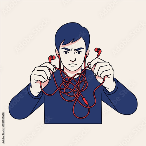 Frustrated man tangled in headphones, struggling with the mess.