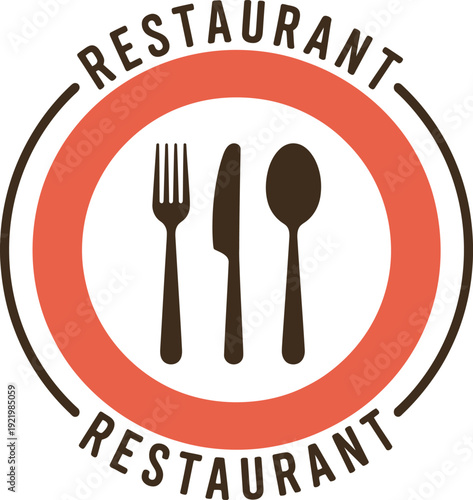Circular Restaurant Logo with Fork Knife and Spoon Icons in Red and White Badge Style