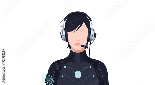 A front-facing illustration of a woman with short dark hair wearing a futuristic black suit and a large headset with a microphone.
