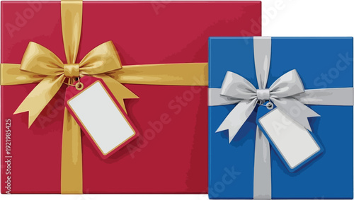 Two brightly colored gift boxes, one red and one blue, feature blank white tags attached with gold and silver satin ribbons.