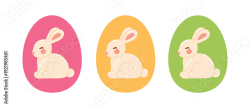 Cute Easter bunny illustration set inside colorful egg shapes in pastel tones. Flat vector spring holiday design isolated on light background.