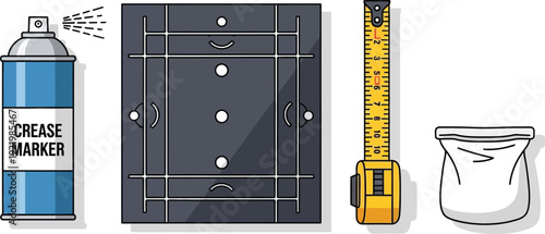 Aerosol spray can, mounting bracket, tape measure, and plastic bag are displayed for installation work.