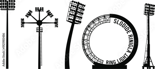 Collection of various stadium floodlight towers and large circular lighting structures are shown in silhouette against a white backdrop.