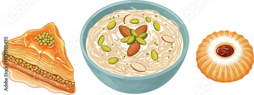 Assortment of Middle Eastern sweets including baklava, vermicelli pudding, and a filled cookie are displayed against a white background.