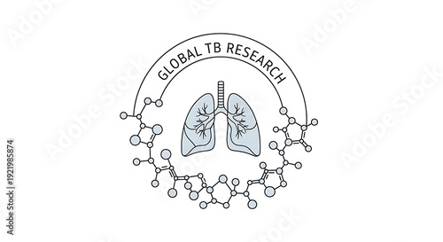 A circular line art illustration titled Global TB Research, featuring human lungs surrounded by molecular structures, representing medical study