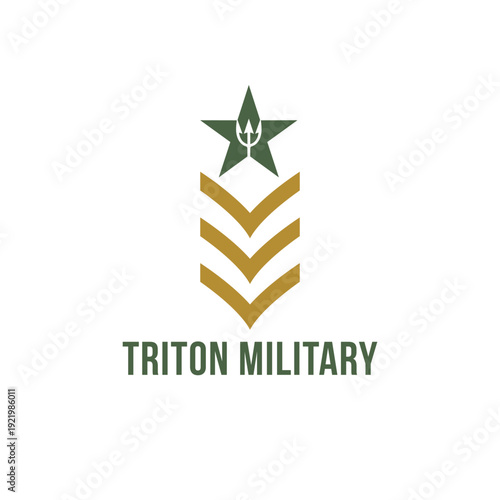Trident triton military logo vector. Green tactical weapon symbol with gold sergeant stripes and star for naval branding.