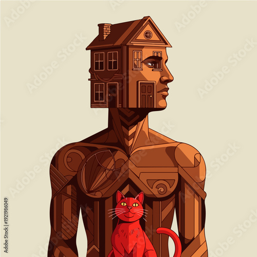 Human Formed of House and Cat, Surreal Artistic Representation.