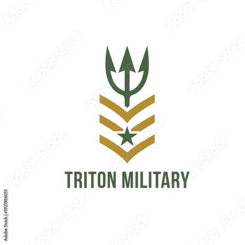 Trident triton military logo vector. Green tactical weapon symbol with gold sergeant stripes and star for naval branding.