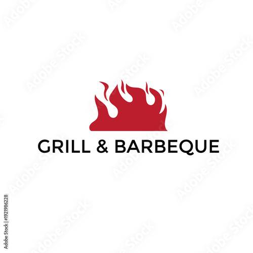 Grill fire logo vector. Red flame heat icon for barbecue restaurant branding and outdoor cooking campfire signage.