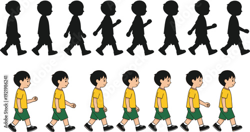 Cartoon character boy walking animation frame set and black silhouettes isolated on white background for 2D game motion design and educational children's projects.