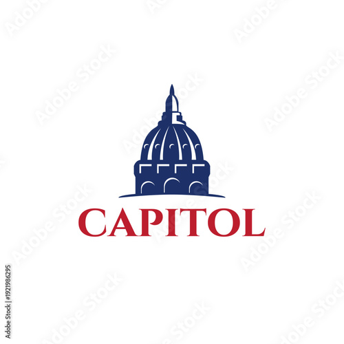Capitol building logo vector. Blue government dome silhouette with red text for political law and federal authority branding.