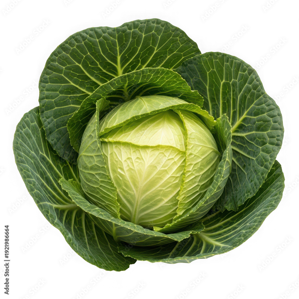 Obraz premium Fresh green cabbage head with leaves isolated on transparent background