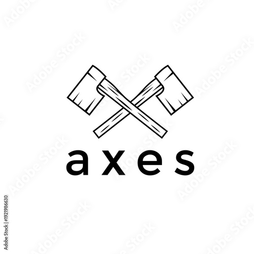 Axes logo vector. Crossed wooden hatchet silhouette for carpentry woodcutting or lumberjack outdoor equipment branding.