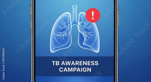 Smartphone screen displaying tb awareness campaign with human lungs x-ray and red warning icon for tuberculosis education and medical health notification