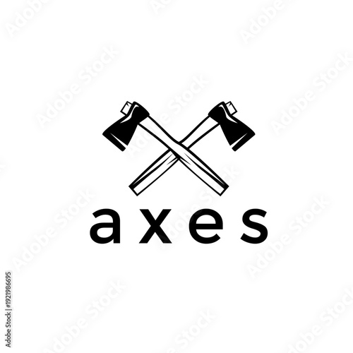 Axes logo vector. Crossed wooden hatchet silhouette for carpentry woodcutting or lumberjack outdoor equipment branding.
