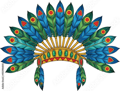 Ornate tribal feather headdress with blue and green plumage and golden headband decorated with red and green gemstones isolated on white background