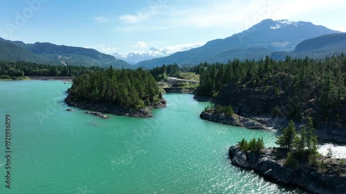 Green Lake Aerial Push-In with Bridge and Coast Mountains, Whistler British Columbia