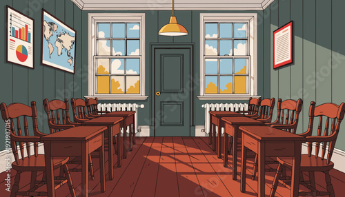 Very beautiful empty classroom with warm vintage tones and wooden chairs arranged in symmetry, expressing a nostalgic back to school atmosphere.