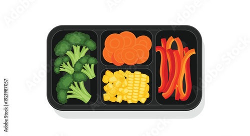 An overhead view of a black meal prep container with four compartments filled with fresh broccoli, carrots, corn, and red peppers.