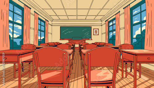 Very beautiful empty classroom with warm vintage tones and wooden chairs arranged in symmetry, expressing a nostalgic back to school atmosphere.