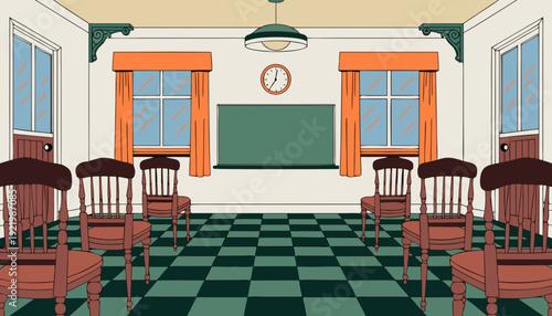 Very beautiful empty classroom with warm vintage tones and wooden chairs arranged in symmetry, expressing a nostalgic back to school atmosphere.
