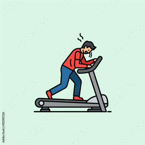 Man Exhausted While Running on Treadmill During Workout Session.