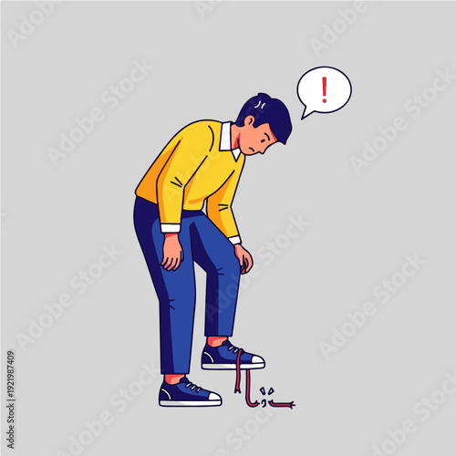 Man Looking Down at Broken Step with Exclamation Mark.