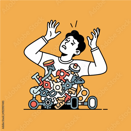 Man overwhelmed by gears and mechanical parts, feeling stressed and confused.