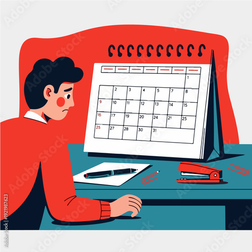 Man staring at a calendar, contemplating upcoming schedule and deadlines.