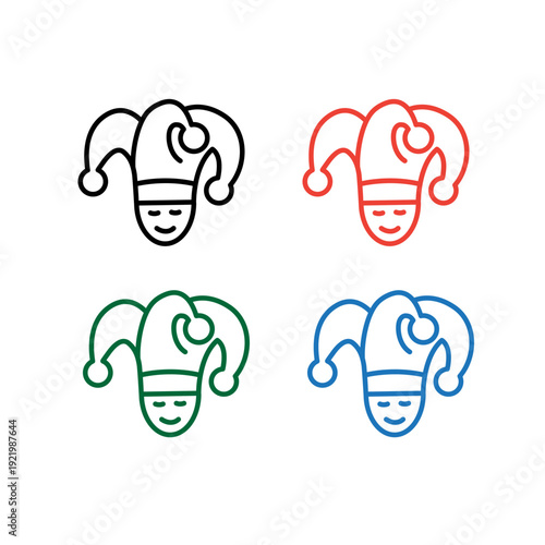 Jester head logo set featuring a minimalist smiling character wearing a classic three-pointed bells hat in four different colors.
