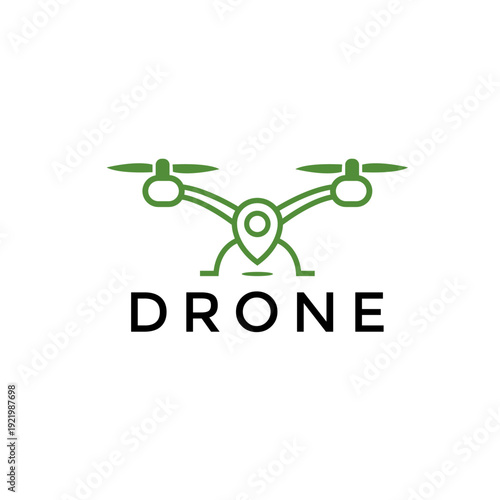 Drone logo design featuring a green minimalist quadcopter with a central pin icon for delivery or aerial mapping services.
