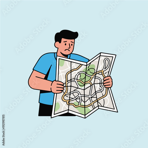 Man struggling to understand a complex map, looking confused and lost.
