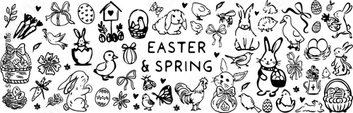 Whimsical spring & Easter clipart bundle, cute hand drawn bunnies, festive eggs, countryside birds, and tulip bouquets for holiday cards, nursery decor, and seasonal design projects - Vector pack