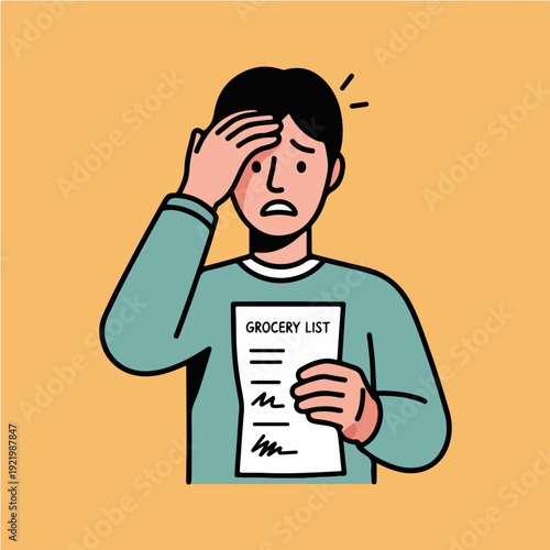 Man struggling with grocery list, looking stressed and worried.