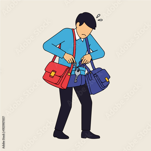 Man struggling with multiple bags and keys, stressed and overwhelmed.