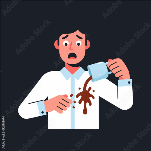 Mans Shirt Ruined by Spilled Coffee, Showing Shock and Disappointment.