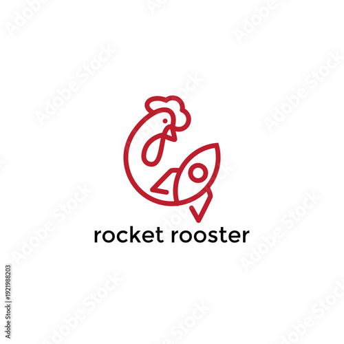 Rocket Rooster logo featuring a clever minimalist red line art design combining a chicken head with a space rocket silhouette for tech or food branding.