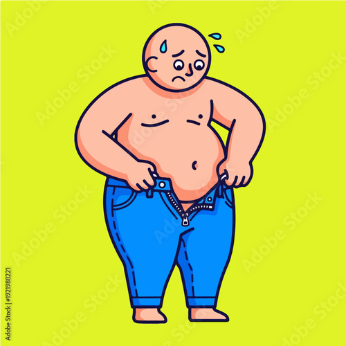 Overweight man struggling to button his jeans, cartoon illustration.