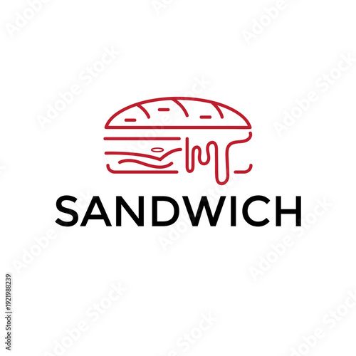 Minimalist sandwich logo design featuring a red line art sub or baguette with melting cheese for deli or fast food branding