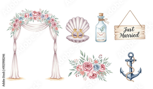 Watercolor Beach Wedding & Nautical Clipart – Seashell Rings, Anchor & Floral Arch