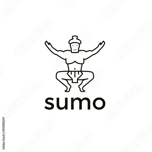 Sumo wrestler logo featuring a minimalist line art illustration of a Japanese rikishi in a traditional squatting ritual pose.