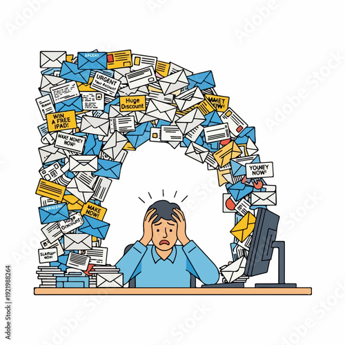 Overwhelmed person buried under a massive pile of emails at the desk.