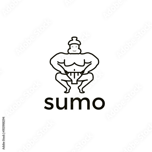 Sumo wrestler logo featuring a bold minimalist line art illustration of a powerful Japanese rikishi in a traditional wrestling stance.