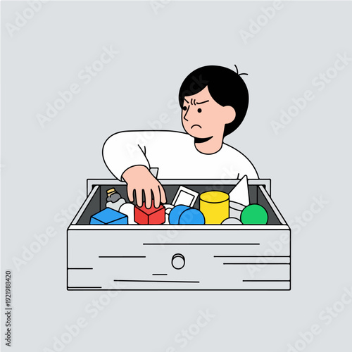 Person searching through a cluttered drawer with frustration and focus.