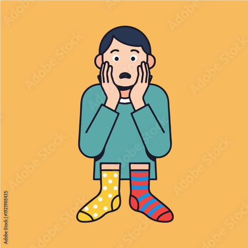 Person shocked by mismatched socks, a humorous illustration.