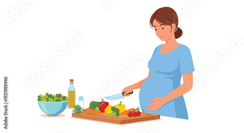 A pregnant woman in a light blue dress carefully cutting various colorful vegetables on a wooden chopping board with a knife for a healthy meal.