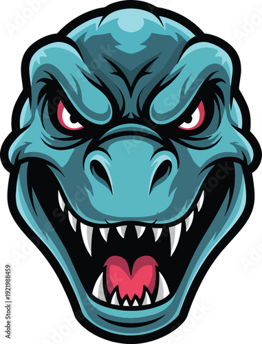 Fierce Blue Dinosaur Monster Head Mascot with Red Eyes